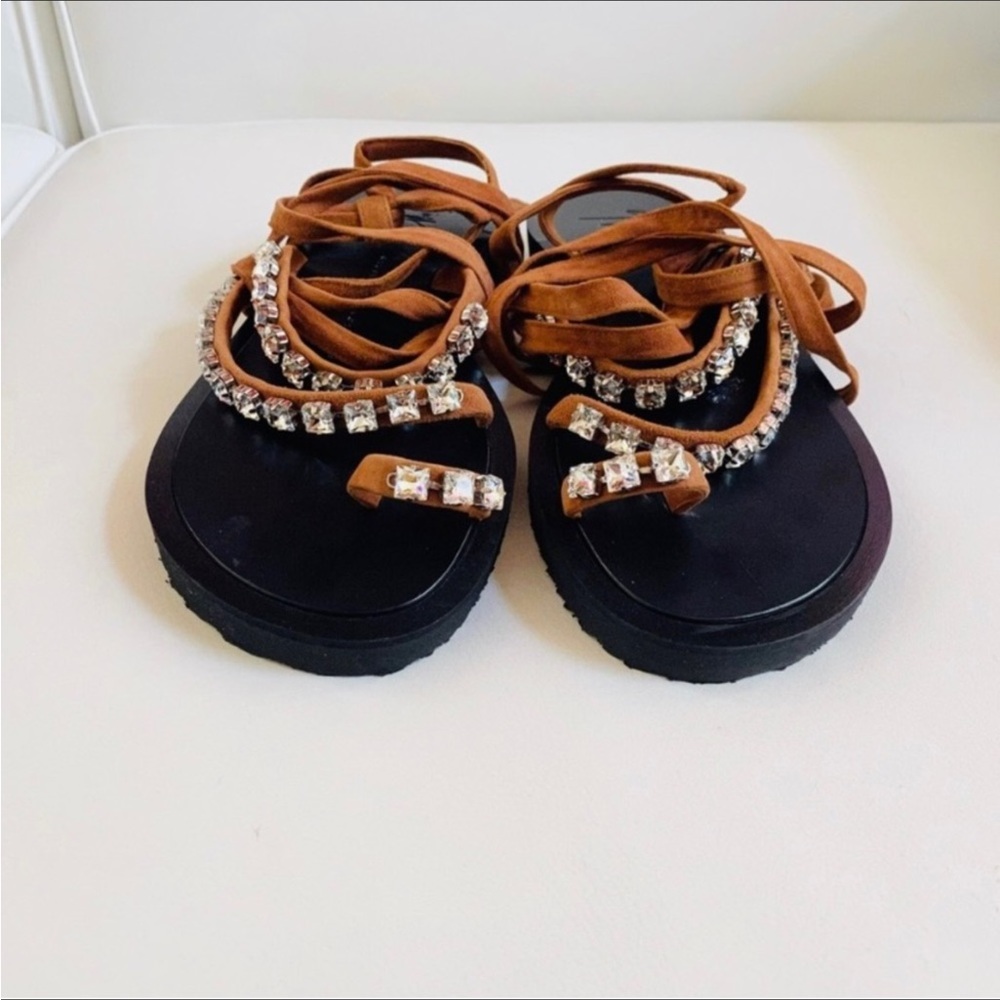 Giuseppe Zanotti Brown Suede Crystals Ankle Wrap Strap Suede Sandals 6 - Picture 8 of 9